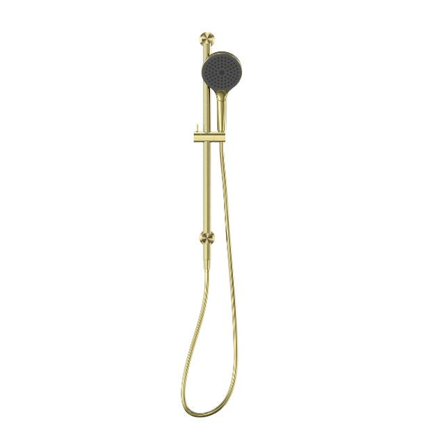 Nero Opal shower rail with round hand shower in brushed gold, wall-mounted on white background