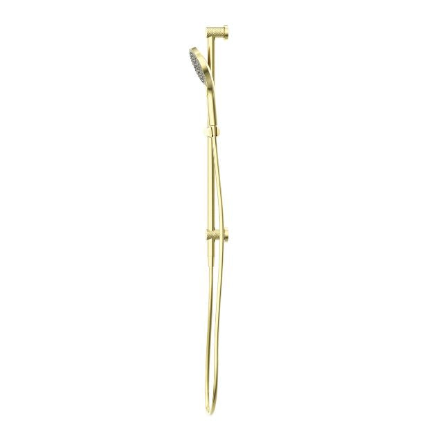 Nero Opal shower rail with hand shower in brushed gold, wall-mounted on a white background