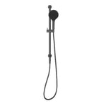 Nero Opal shower rail with hand shower in graphite finish, wall mounted with adjustable rail and hose on white background