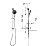 Nero Opal Graphite shower rail technical drawing with hand shower, hose and 705mm rail dimensions