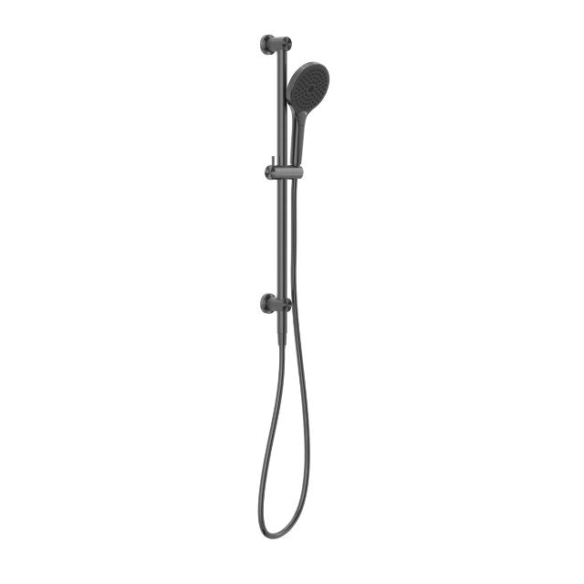 Nero Opal shower rail with hand shower in graphite, wall-mounted rail shower with hose on white background