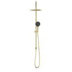 Nero Opal twin rail shower in brushed gold with overhead drencher and handheld showerhead