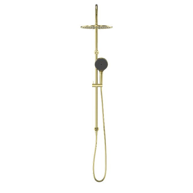 Nero Opal twin rail shower in brushed gold with overhead drencher and handheld showerhead