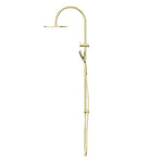 Nero Opal twin rail shower in brushed gold with overhead drencher and hand shower on rail, front view