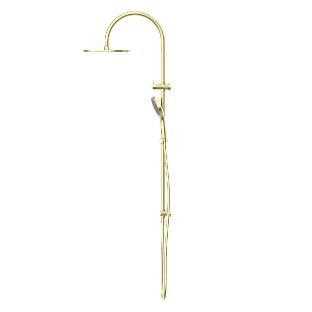 Nero Opal twin rail shower in brushed gold with overhead drencher and hand shower on rail, front view