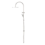 Nero Opal twin rail shower in brushed nickel, with overhead dome and hand shower on wall-mounted rail