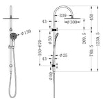 Nero Opal twin rail shower technical drawing in brushed nickel with 300mm overhead dome and 130mm hand shower, dimensions marked