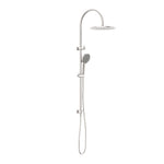 Nero Opal twin rail shower in brushed nickel, with overhead dome and handheld shower on white background