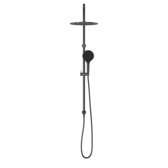 Nero Opal twin rail shower in graphite, with overhead drencher and handheld shower on wall-mounted rail