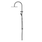 Nero Opal twin rail shower in graphite with overhead drencher and hand shower on a wall-mounted rail