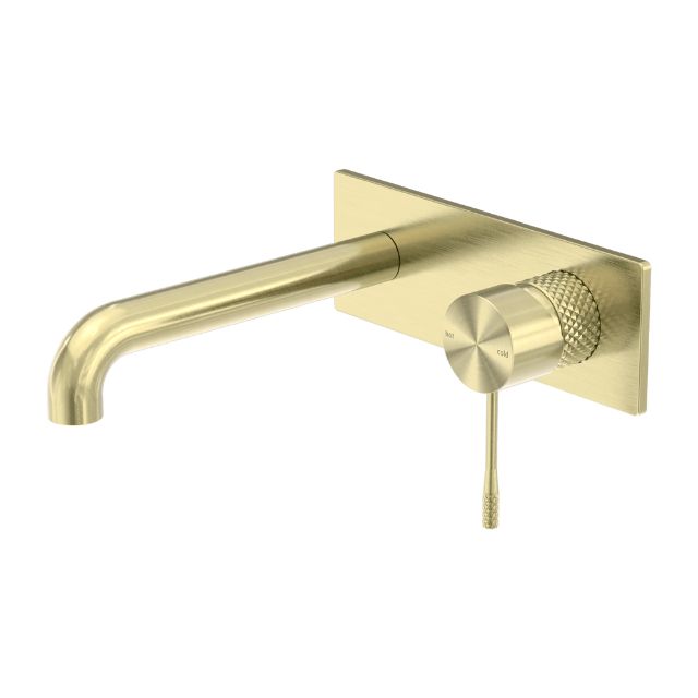 Nero Opal wall basin/bath mixer in brushed gold, with square wall plate, curved spout and single lever handle