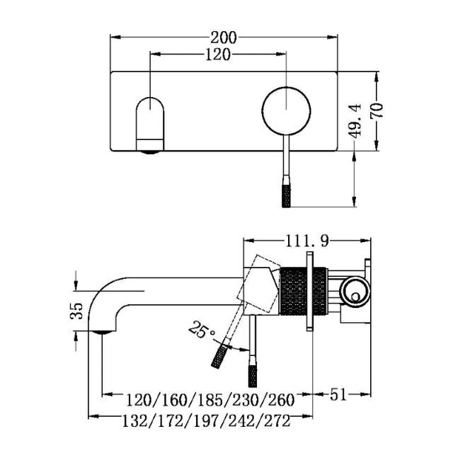 Nero Opal wall basin/bath mixer technical drawing, brushed bronze, 160mm spout reach with wall plate dimensions shown