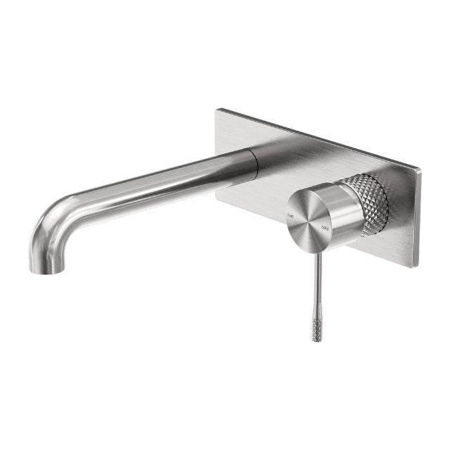 Nero Opal wall basin/bath mixer in brushed nickel, wall-mounted tap with 260mm spout and knurled handle, side view