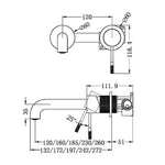 Nero Opal wall basin/bath mixer technical drawing in brushed bronze, with separate back plate and 120mm spout dimensions