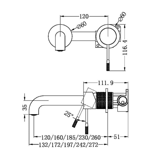 Nero Opal wall basin/bath mixer technical drawing with separate back plate, brushed gold, 120mm projection, front and side views