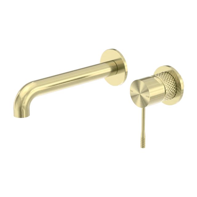 Nero Opal wall basin/bath mixer set in brushed gold, with separate back plates and 160mm spout, wall mounted