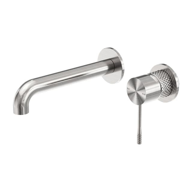 Nero Opal wall basin/bath mixer in brushed nickel, with separate back plate and 160mm spout, wall mounted on white background