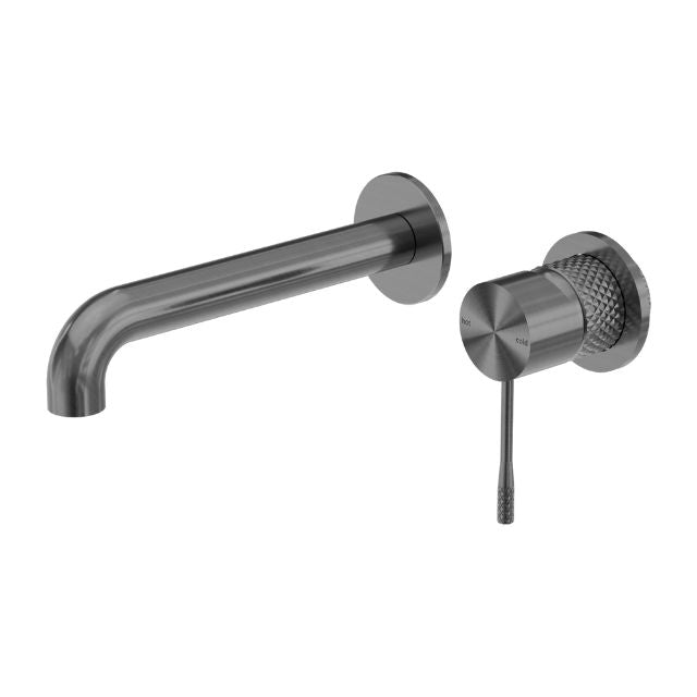 Nero Opal wall basin/bath mixer in graphite with separate back plate, showing spout and knurled handle on white background