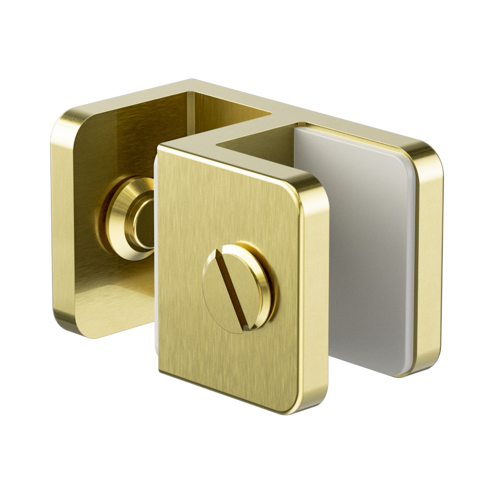 Nero brushed gold glass-to-glass shower screen fitting, square brass hardware for 10mm glass, shown on white background
