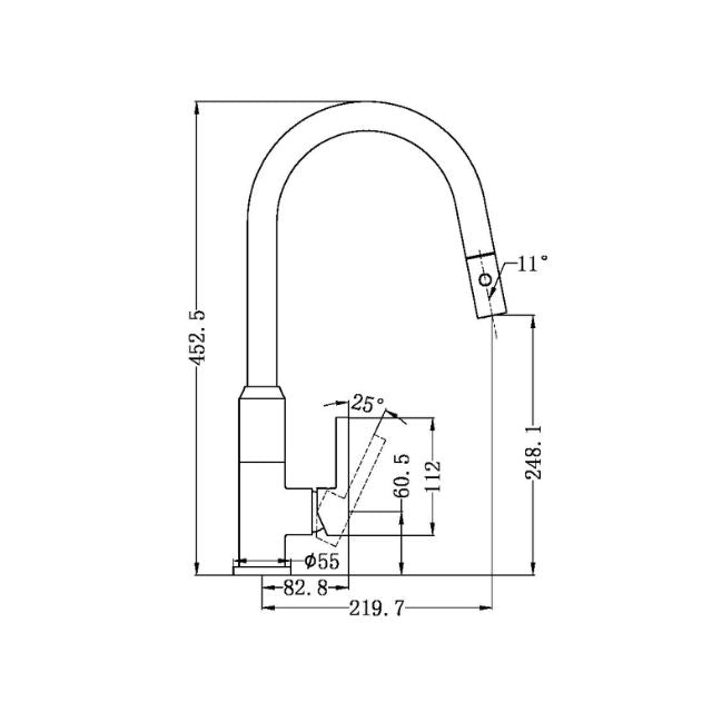 Nero Pearl pull out sink mixer technical drawing, chrome tap dimensions with 452.5mm height and 219.7mm spout reach