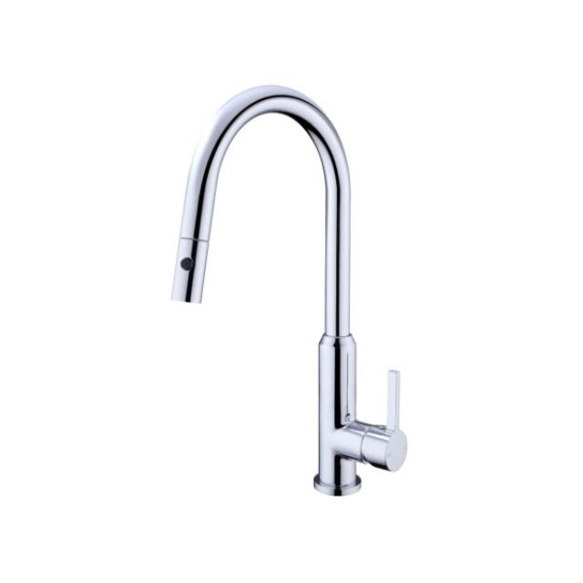 Nero Pearl chrome pull out sink mixer tap with curved gooseneck spout and side lever, on white background
