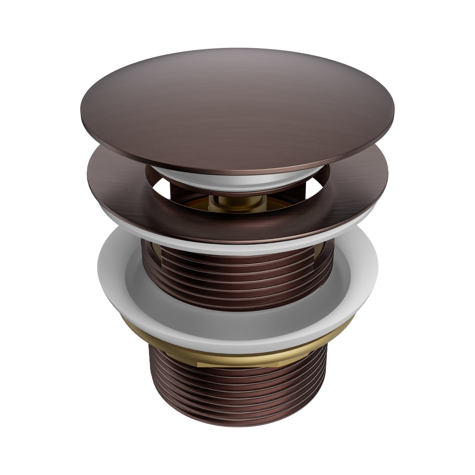 Nero pop-up bath waste in brushed bronze, shown on white background with threaded 40mm overflow-compatible drain fitting