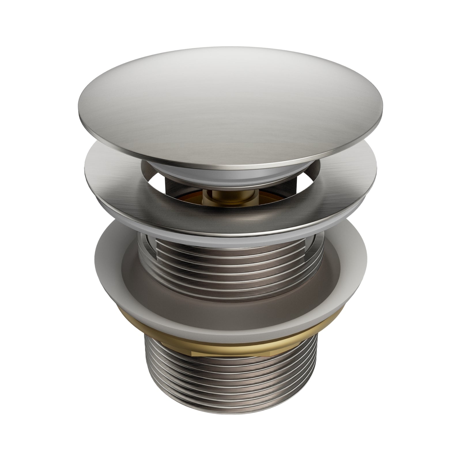 Nero brushed nickel pop-up bath waste with overflow, shown in a product cutaway on white background