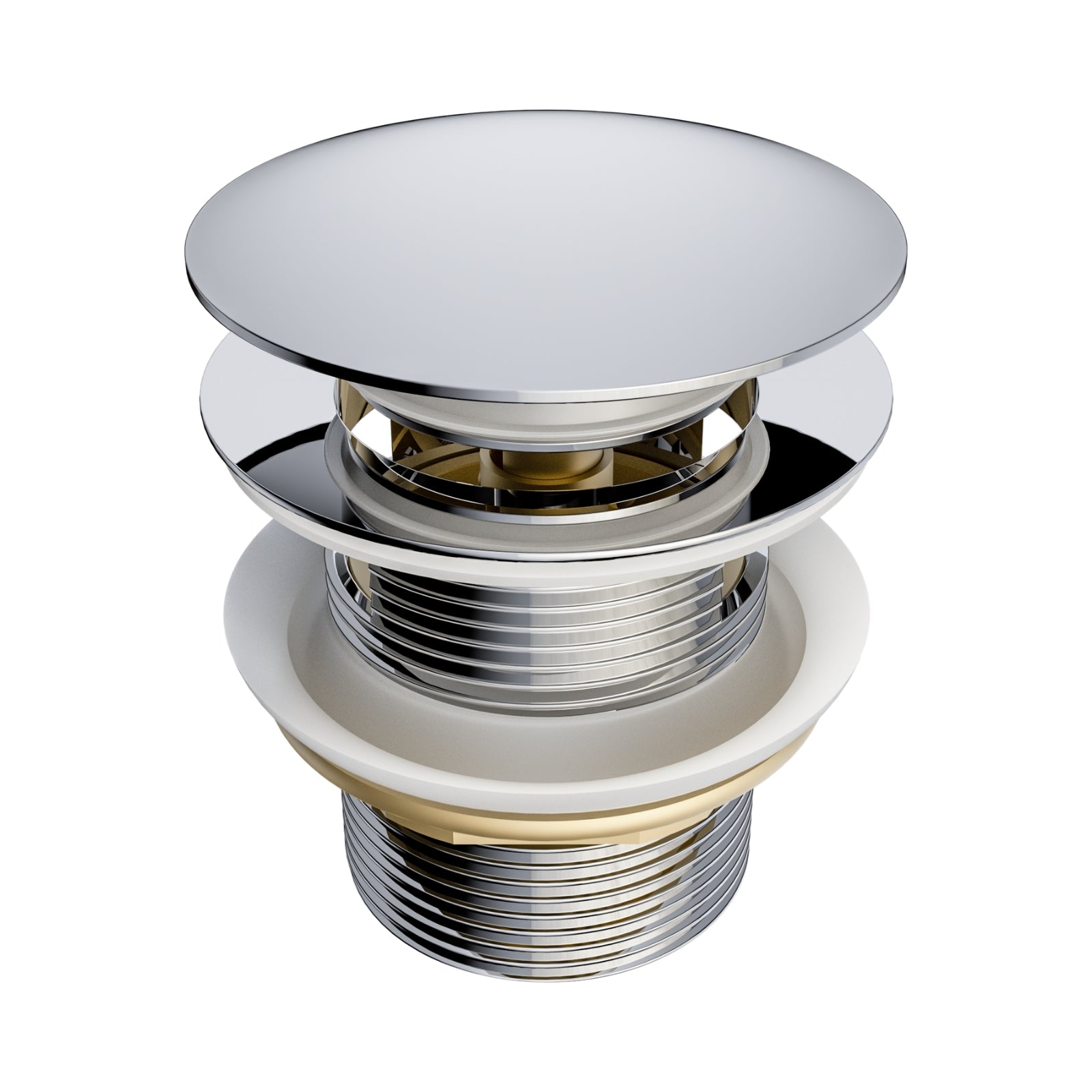 Nero Pop Up Bath Waste in chrome, shown as a close-up with overflow-compatible fittings and threaded brass body
