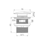 Nero Pop Up Bath Waste technical drawing in chrome, showing 40mm G1½ overflow-compatible dimensions and side profile