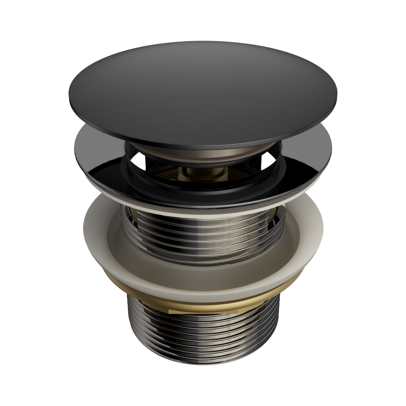 Nero Pop Up bath waste in graphite finish, showing the round plug and threaded overflow-compatible fitting