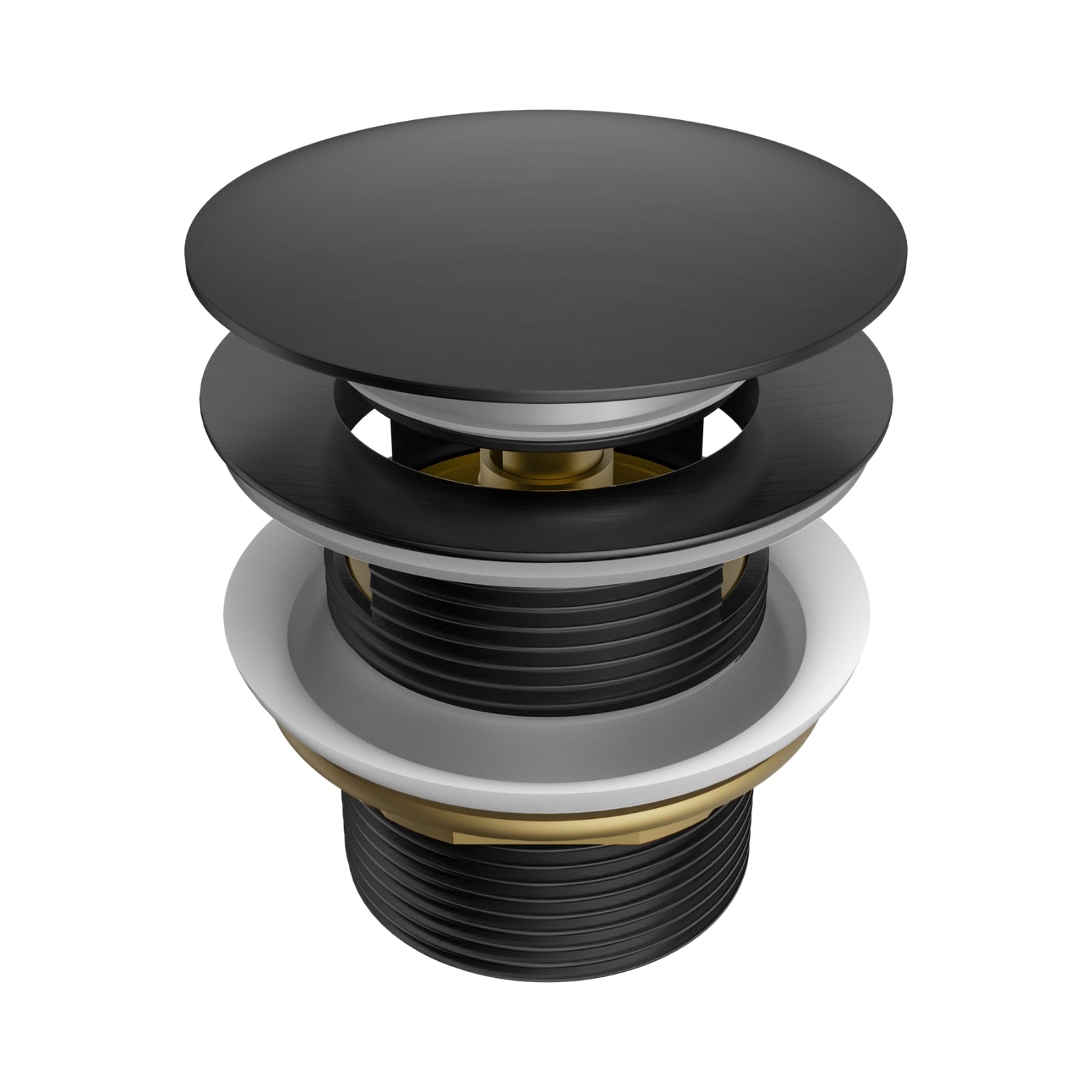 Nero Pop Up Bath Waste, gun metal finish, round top and threaded 40mm overflow-compatible bath waste on white background