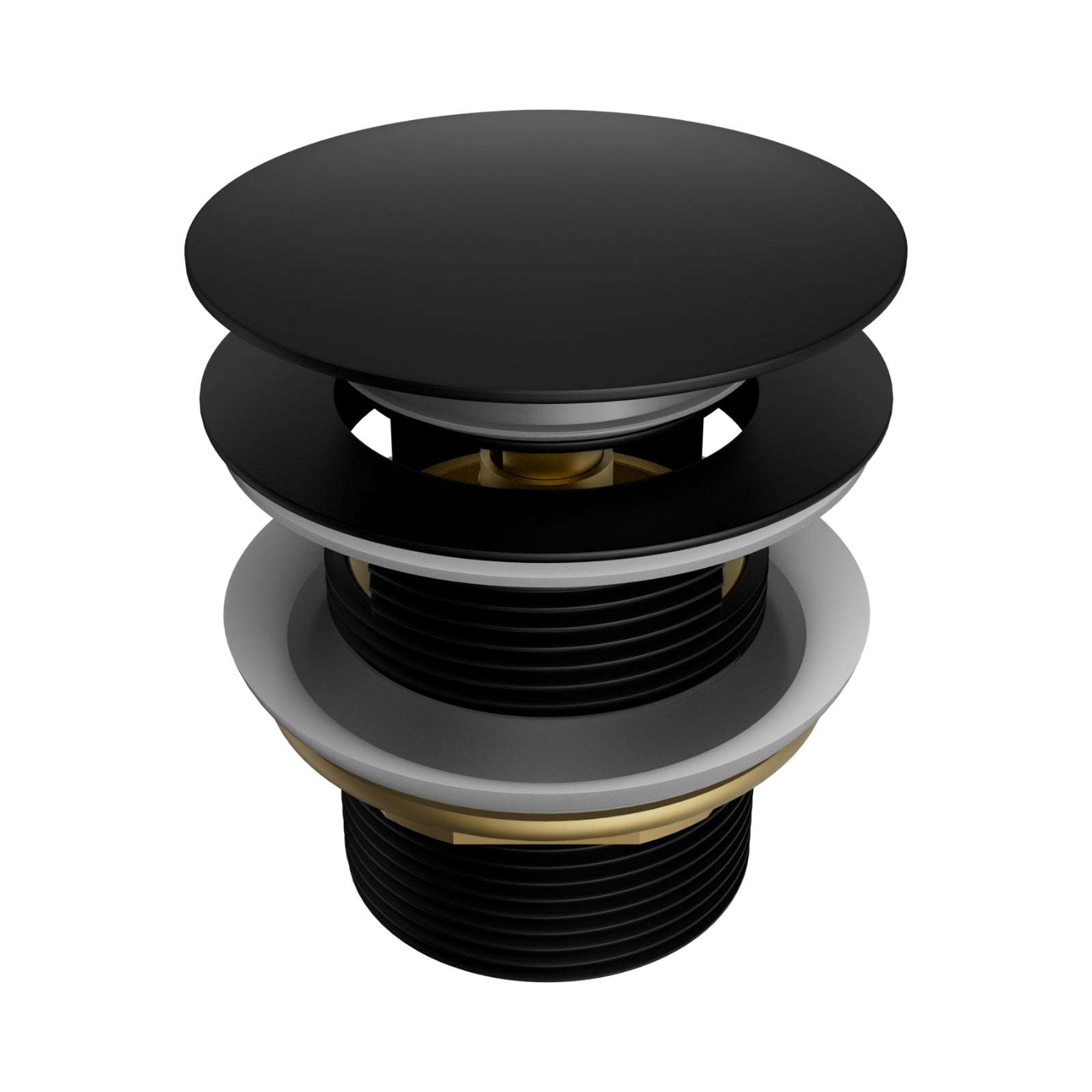 Nero Pop Up Bath Waste 40mm with Overflow in matte black, front view, with brass threaded body and push-button cap