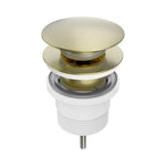 Nero Project pop up basin waste in brushed gold, shown on white background with open and closed plug view
