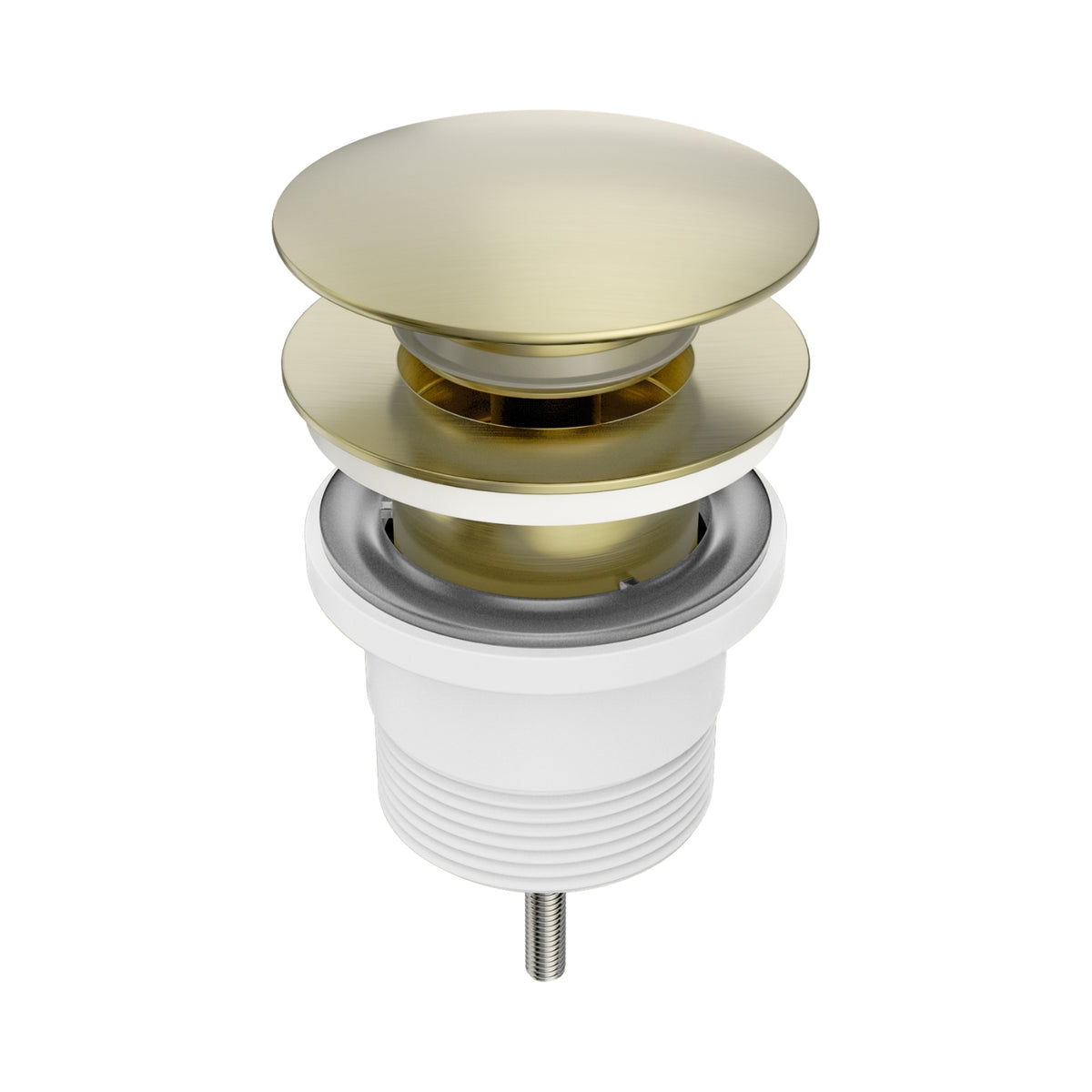 Nero Project pop up basin waste in brushed gold, shown on white background with open and closed plug view
