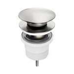 Nero Project brushed nickel pop-up basin waste, front view, with round chrome-toned cap on white background