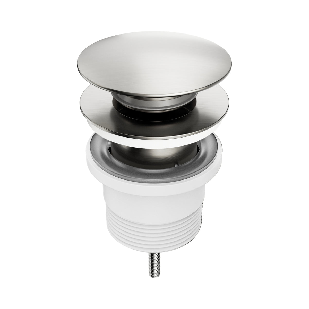 Nero Project brushed nickel pop-up basin waste, front view, with round chrome-toned cap on white background