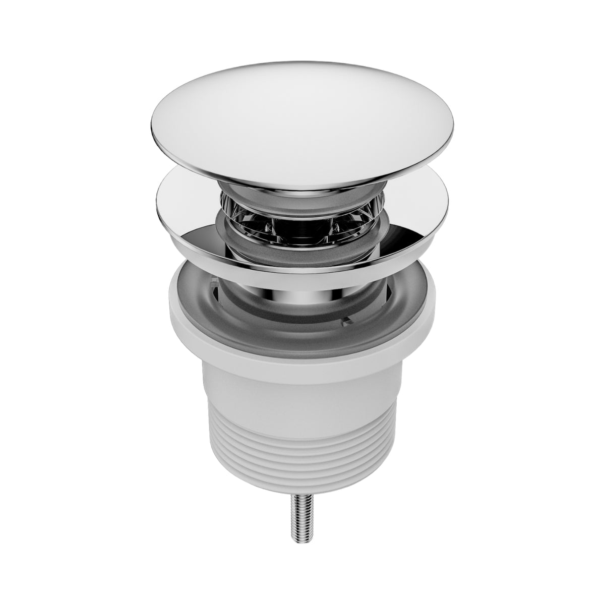 Nero Project chrome pop up basin waste, front view with polished round cap and threaded fitting