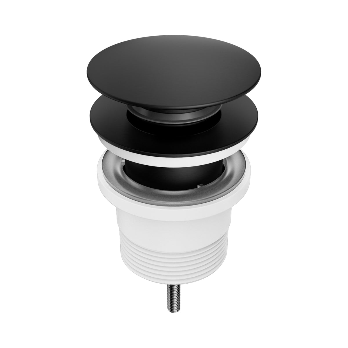 Nero Project pop-up basin waste in matte black, shown in product view with threaded brass fitting and round cap underway