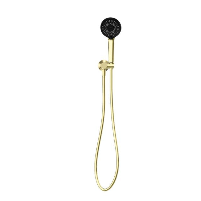Nero Project round hand shower on wall bracket in brushed gold with black face and flexible hose