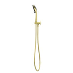 Nero Project round hand shower on bracket with hose, brushed gold finish, wall mounted on white background