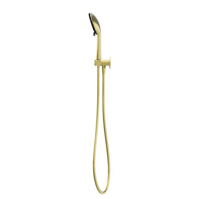 Nero Project round hand shower on bracket with hose, brushed gold finish, wall mounted on white background
