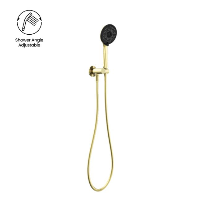 Nero Project round hand shower on bracket in brushed gold, with hose and wall mount on white background