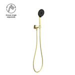 Nero Project round hand shower on bracket in brushed gold, with hose and wall mount on white background