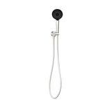 Nero Project round hand shower on wall bracket in brushed nickel, with hose and black shower head on white background