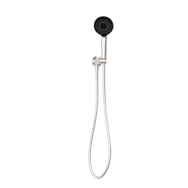 Nero Project round hand shower on wall bracket in brushed nickel, with hose and black shower head on white background