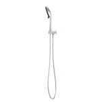 Nero Project round hand shower on bracket in brushed nickel, shown front on with hose