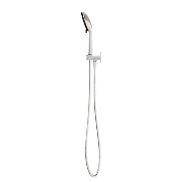 Nero Project round hand shower on bracket in brushed nickel, shown front on with hose