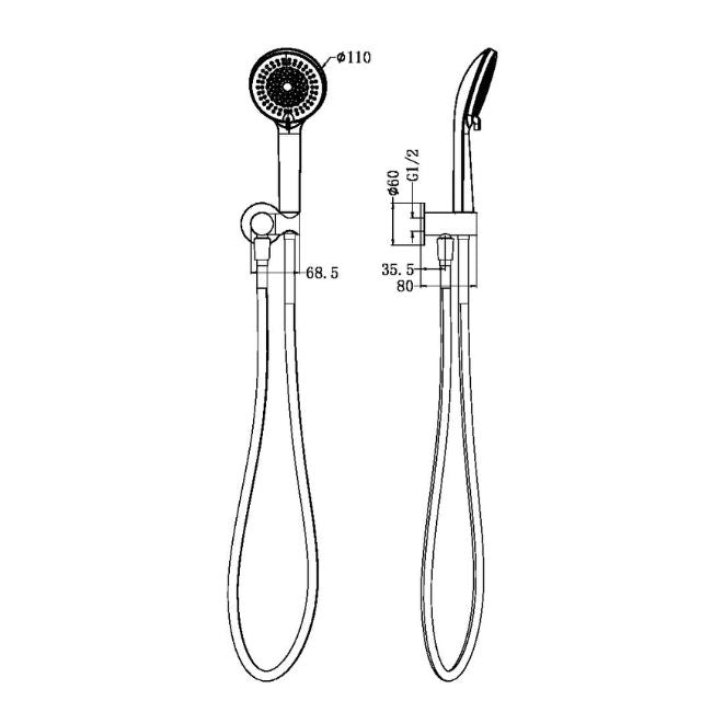 Technical drawing of Nero Project round hand shower on bracket in brushed nickel, front and side views with dimensions shown