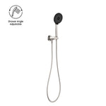 Nero Project round hand shower on adjustable wall bracket in brushed nickel, with black shower head and hose