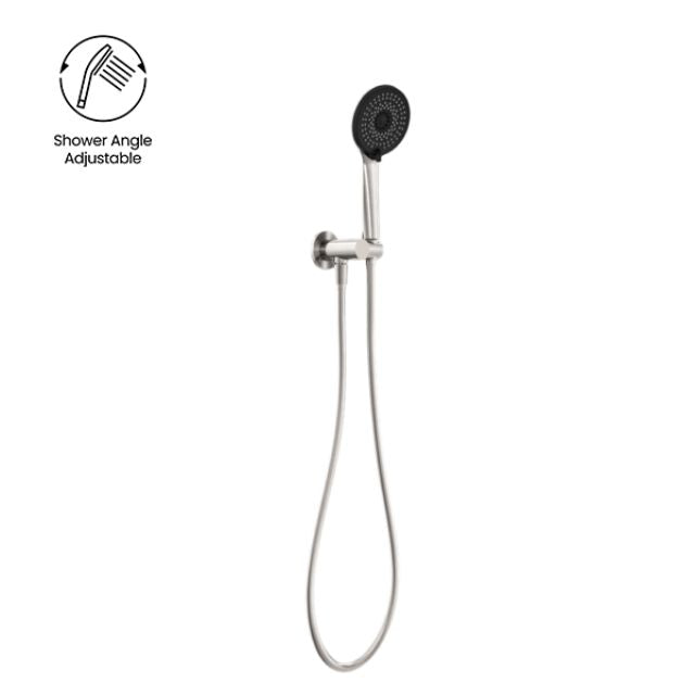 Nero Project round hand shower on adjustable wall bracket in brushed nickel, with black shower head and hose